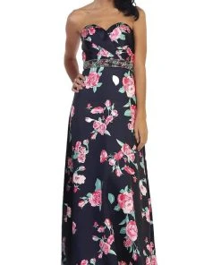 May Queen - Strapless Floral Print Evening Gown MQ1403 - 1 Pc Navy/Pink In Size 6 Available