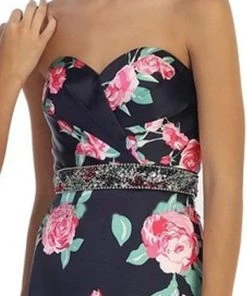 May Queen - Strapless Floral Print Evening Gown MQ1403 - 1 Pc Navy/Pink In Size 6 Available