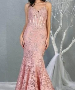 May Queen - V-Neck Corset Pleated Gown RQ7865 - 1 Pc Eggplant In Size 6 Available