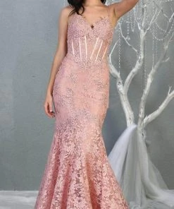 May Queen - V-Neck Corset Pleated Gown RQ7865 - 1 Pc Eggplant In Size 6 Available