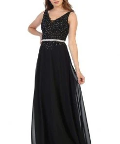 Formal Gowns May Queen - V-Neck Embellished Formal Dress MQ1701 - 1 Pc Black In Size 10 Available