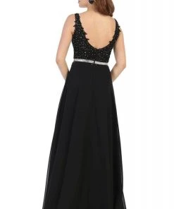 Formal Gowns May Queen - V-Neck Embellished Formal Dress MQ1701 - 1 Pc Black In Size 10 Available