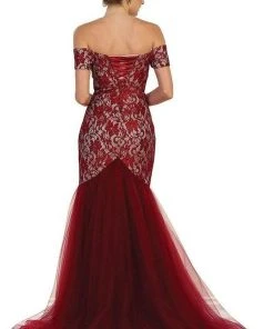 May Queen - V-neck/Off-Shoulder Mermaid Evening Dress MQ1495 - 1 Pc Burgundy In Size 6 Available