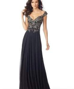 Formal Gowns MGNY By Mori Lee - 71802 Appliqued V-Neck A-Line Gown