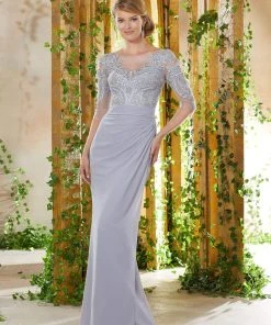 MGNY By Mori Lee - 71914 Embroidered Bateau Draped Sheath Dress Formal Gowns