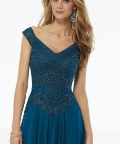 MGNY By Mori Lee - 72134SC Embellished V-neck Evening Gown - 1 Pc Silver In Size 6 Available Formal Gowns