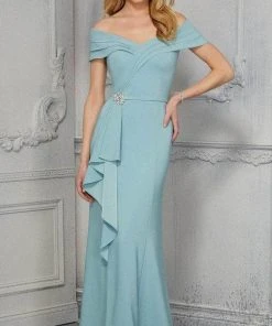 MGNY By Mori Lee - 72417SC Pleated Off-shoulder Formal Dress - 1 Pc Seaglass In Size 10 Available