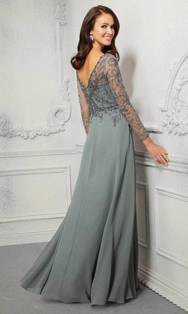 MGNY By Mori Lee - Appliqued V-Neck Evening Dress 72403SC - 1 Pc Silver Sage In Size 6 Available Formal Gowns 4 MGNY By Mori Lee - Appliqued V-Neck Evening Dress 72403SC - 1 Pc Silver Sage In Size 6 Available Formal Gowns