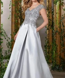 Formal Gowns MGNY By Mori Lee - Beaded Lace V-Neck Satin Dress 71904SC - 1 Pc Silver In Size 4 Available