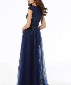 Formal Gowns MGNY By Mori Lee - Cap Sleeve Beaded Overskirt Dress 72102SC - 1 Pc Silver In Size 12 Available