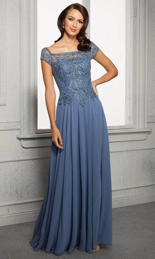 Formal Gowns MGNY By Mori Lee - Cap Sleeves Pleated A-Line Dress 72419SC - 1 Pc Slate In Size 10 Available 3 Formal Gowns MGNY By Mori Lee - Cap Sleeves Pleated A-Line Dress 72419SC - 1 Pc Slate In Size 10 Available