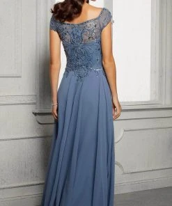 Formal Gowns MGNY By Mori Lee - Cap Sleeves Pleated A-Line Dress 72419SC - 1 Pc Slate In Size 10 Available