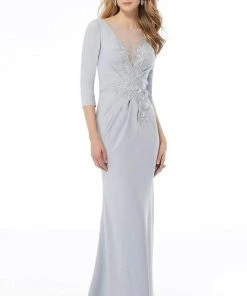 MGNY By Mori Lee - Quarter Sleeve Beaded Floral Sheath Dress 72115SC - 1 Pc Silver In Size 4 And 1 Pc Navy In Size 8 Available Formal Gowns