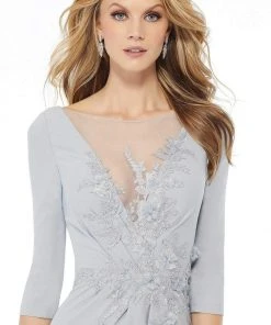 MGNY By Mori Lee - Quarter Sleeve Beaded Floral Sheath Dress 72115SC - 1 Pc Silver In Size 4 And 1 Pc Navy In Size 8 Available Formal Gowns