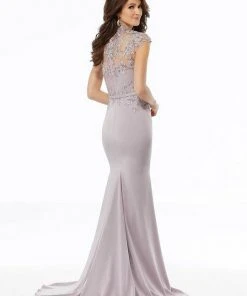 MGNY By Mori Lee - Sheer Appliqued Cap Sleeve Queen Anne Dress 72125SC Formal Gowns