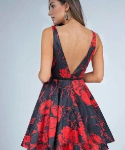 Milano Formals Printed Deep V-neck A-line Dress E2243- 1 Pc Black/Red In Size 18 Available Cocktail Dresses