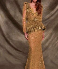 Formal Gowns MNM Couture - 2138 Vine Appliqued Peplum Gown