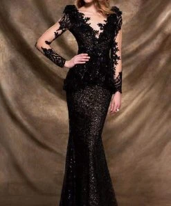 Formal Gowns MNM Couture - 2138 Vine Appliqued Peplum Gown