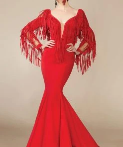 Formal Gowns MNM Couture - 2340 Fringe Deep V-neck Mermaid Dress