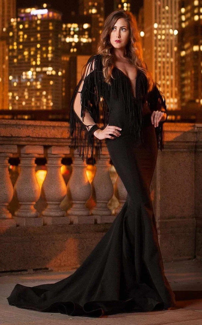 Formal Gowns MNM Couture - 2340 Fringe Deep V-neck Mermaid Dress 5 Formal Gowns MNM Couture - 2340 Fringe Deep V-neck Mermaid Dress