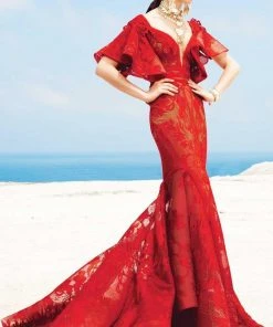 MNM Couture - 2342 Lace V-neck Mermaid Dress Formal Gowns