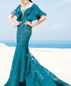 MNM Couture - 2342 Lace V-neck Mermaid Dress Formal Gowns