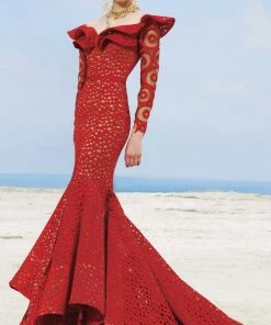 MNM Couture - 2345 Ruffle Off-Shoulder Laser Cut Mermaid Gown Formal Gowns