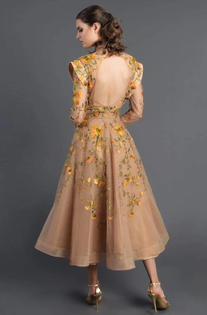 MNM Couture - 2401A Floral Embroidered Long Sleeve Tea Length Dress 4 MNM Couture - 2401A Floral Embroidered Long Sleeve Tea Length Dress