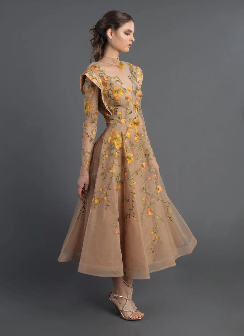 MNM Couture - 2401A Floral Embroidered Long Sleeve Tea Length Dress 5 MNM Couture - 2401A Floral Embroidered Long Sleeve Tea Length Dress