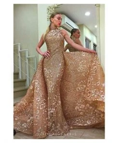 MNM COUTURE - 2416 Sleeveless Sequin Ornate Overlay Train Evening Gown