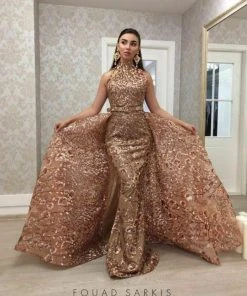 MNM COUTURE - 2416 Sleeveless Sequin Ornate Overlay Train Evening Gown