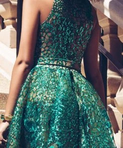 MNM COUTURE - 2416 Sleeveless Sequin Ornate Overlay Train Evening Gown