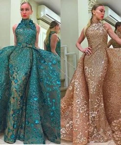 MNM COUTURE - 2416 Sleeveless Sequin Ornate Overlay Train Evening Gown