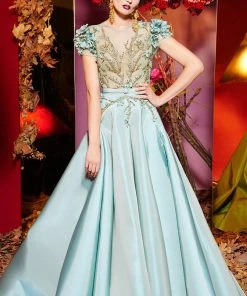 Formal Gowns MNM Couture - 2430 Floral Appliqued Short Sleeve Illusion Ballgown