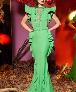 MNM Couture - 2432 Embroidered Lattice Illusion Cascade Mermaid Gown Formal Gowns