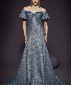 MNM Couture - 2443 Off-Shoulder Brocade Trumpet Dress