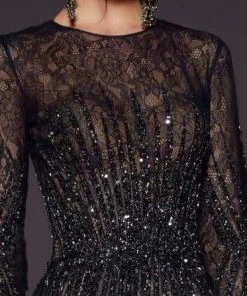 MNM COUTURE - 2449 Embellished Lace Long Sleeve Ballgown