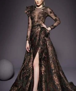 MNM COUTURE - 2455 Applique Illusion Jewel A-line Dress