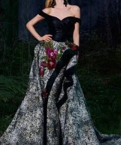 Formal Gowns MNM COUTURE - 2489 Off-Shoulder Floral Appliqued Gown With Overskirt