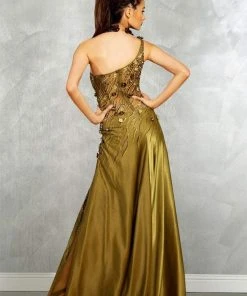 Formal Gowns MNM Couture - 9323 Asymmetric Metallic Evening Gown