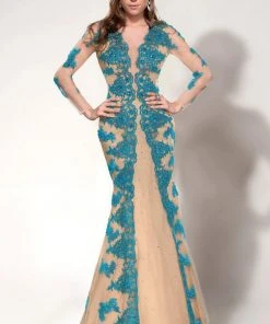 MNM Couture - 9582 Lace V-neck Mermaid Dress Formal Gowns