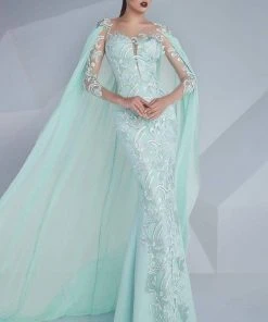 MNM Couture - Embroidered Illusion Cape Gown G0603 Formal Gowns