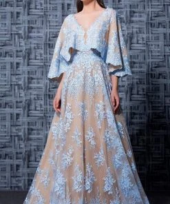 Formal Gowns MNM COUTURE - Floral Embroidered Deep V-neck A-line Gown K3571 - 1 Pc Blue In Size 8 Available