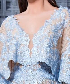 Formal Gowns MNM COUTURE - Floral Embroidered Deep V-neck A-line Gown K3571 - 1 Pc Blue In Size 8 Available