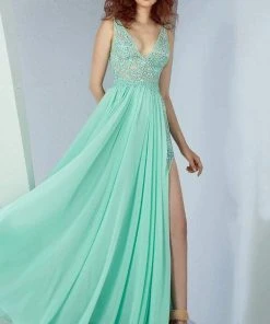 MNM Couture - G0843 Floral Illusion Lace Plunging V-Neck Gown