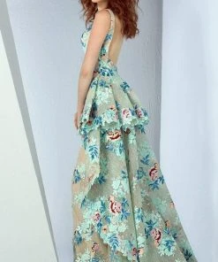 Formal Gowns MNM Couture - G0860 Floral V Neck Peplum Evening Gown