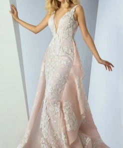 MNM Couture - G0861 Lace Deep V-neck Sheath Dress