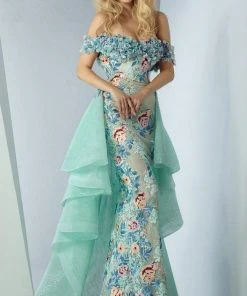 Formal Gowns MNM Couture - G0874 Floral Applique Off-Shoulder Dress With Overskirt