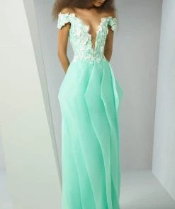 MNM Couture - G0878 Floral Embellished Illusion Off-Shoulder Gown Formal Gowns