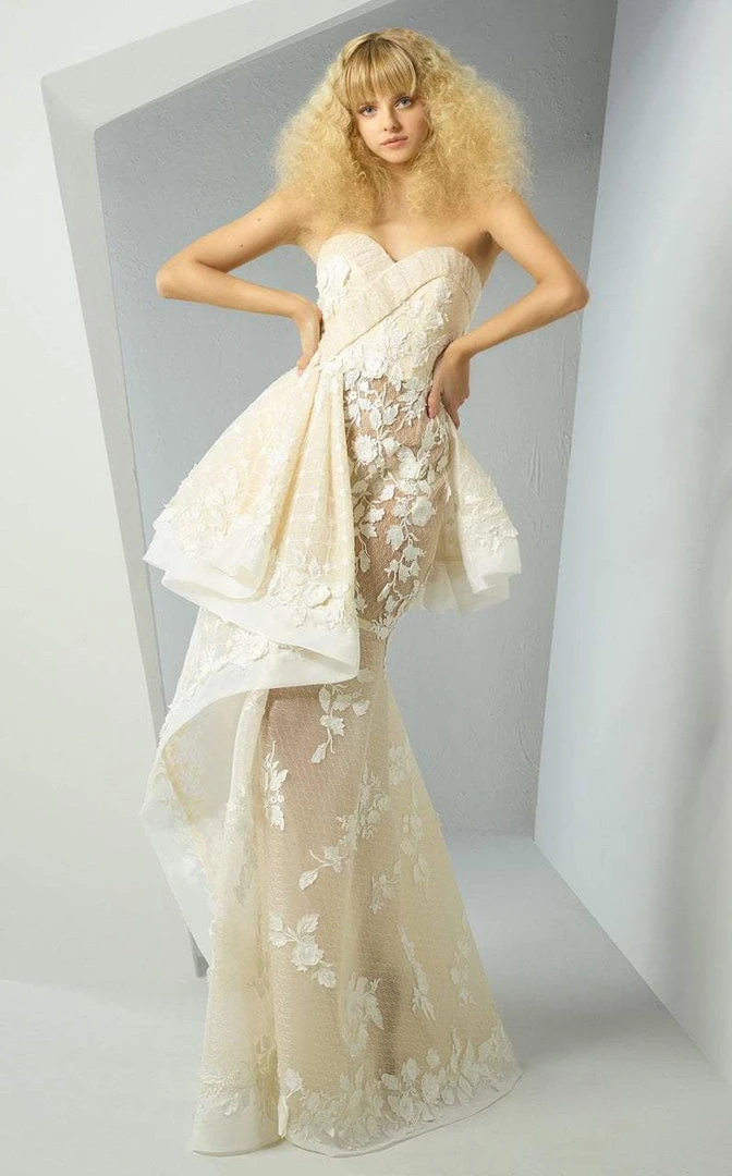 MNM Couture - G0882 Strapless Rosette Applique Peplum Long Gown 3 MNM Couture - G0882 Strapless Rosette Applique Peplum Long Gown